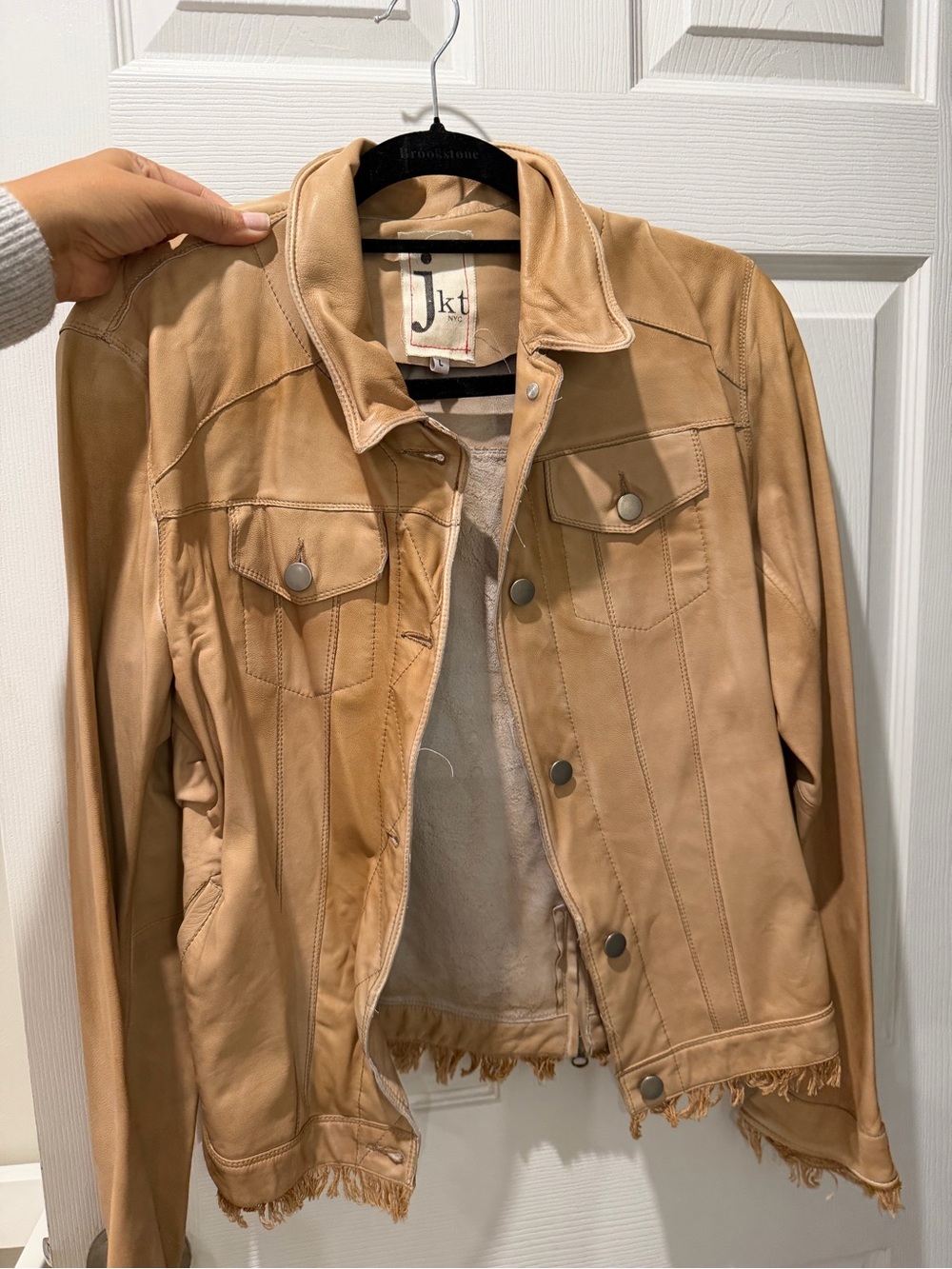 Jkt NYC women’s Tan Leather Fringe-Trim Jacket